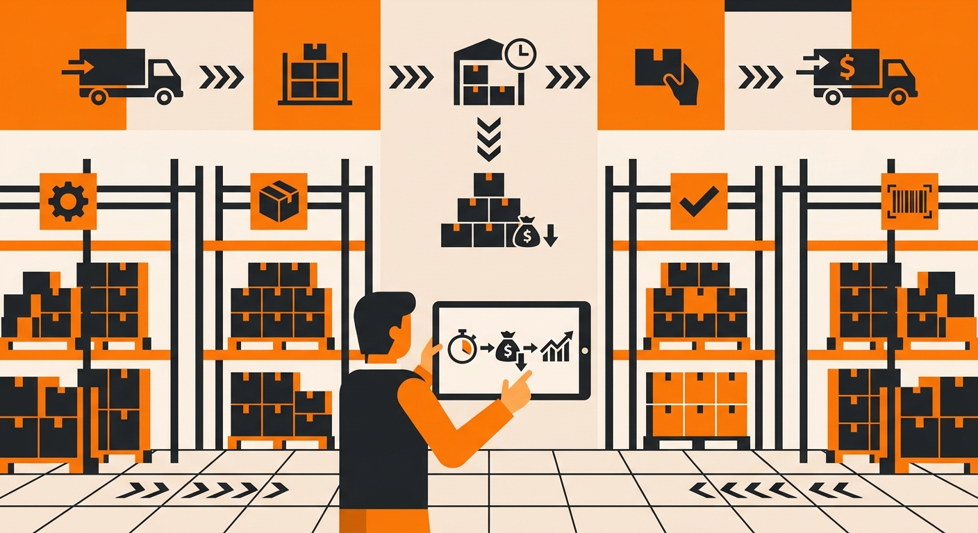 A clean warehouse scene showing neatly organized pallets and labeled inventory racks, with a manager reviewing storage report