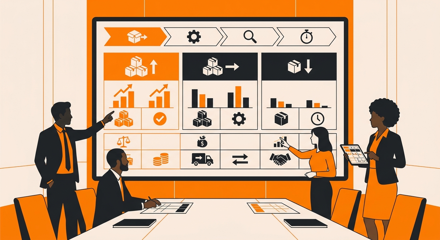 A professional operations team reviewing inventory performance data on a large screen, with a clear visual breakdown of high-
