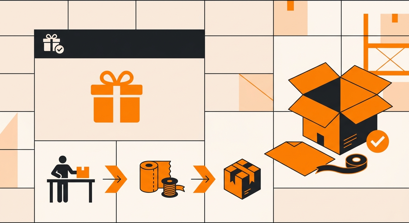 A neatly arranged fulfillment station with a shipping box, tissue paper, ribbon, and a packing slip marked with a gift wrap r