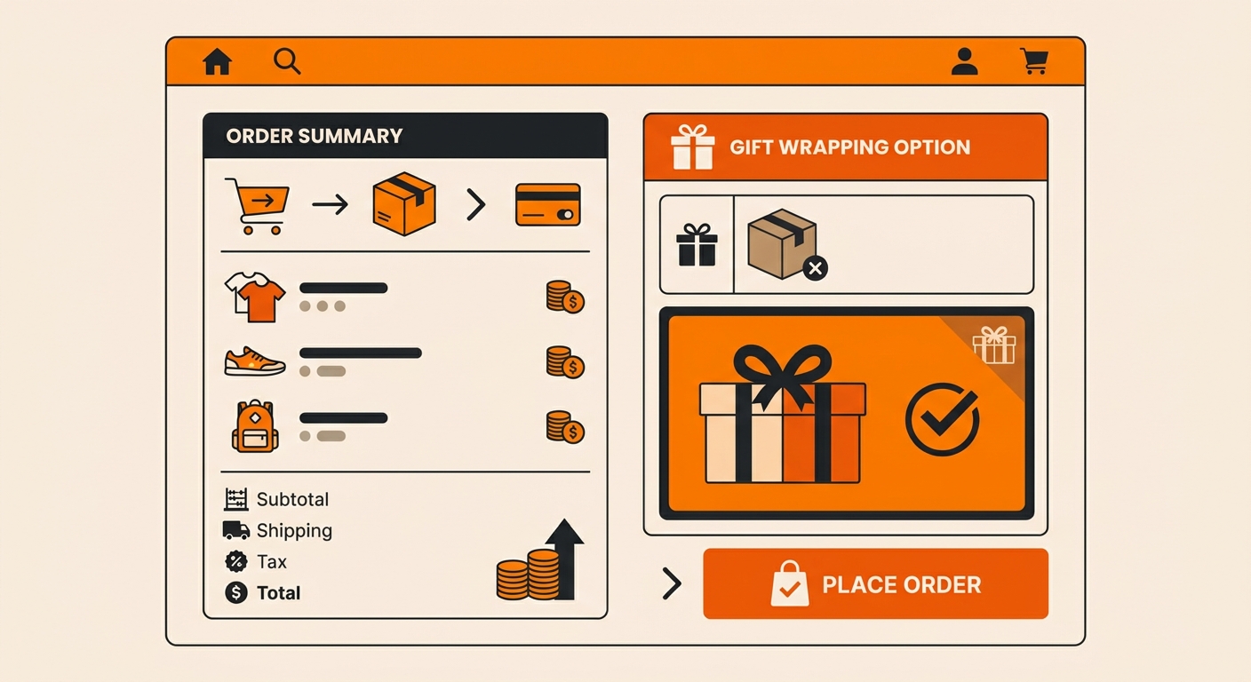 A clean ecommerce checkout interface showing an order summary with a clearly labeled gift wrapping option selected, alongside