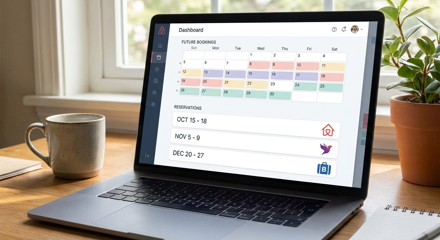 A close-up of a laptop screen displaying a short-term rental dashboard with calendar blocks, future reservation dates, and re
