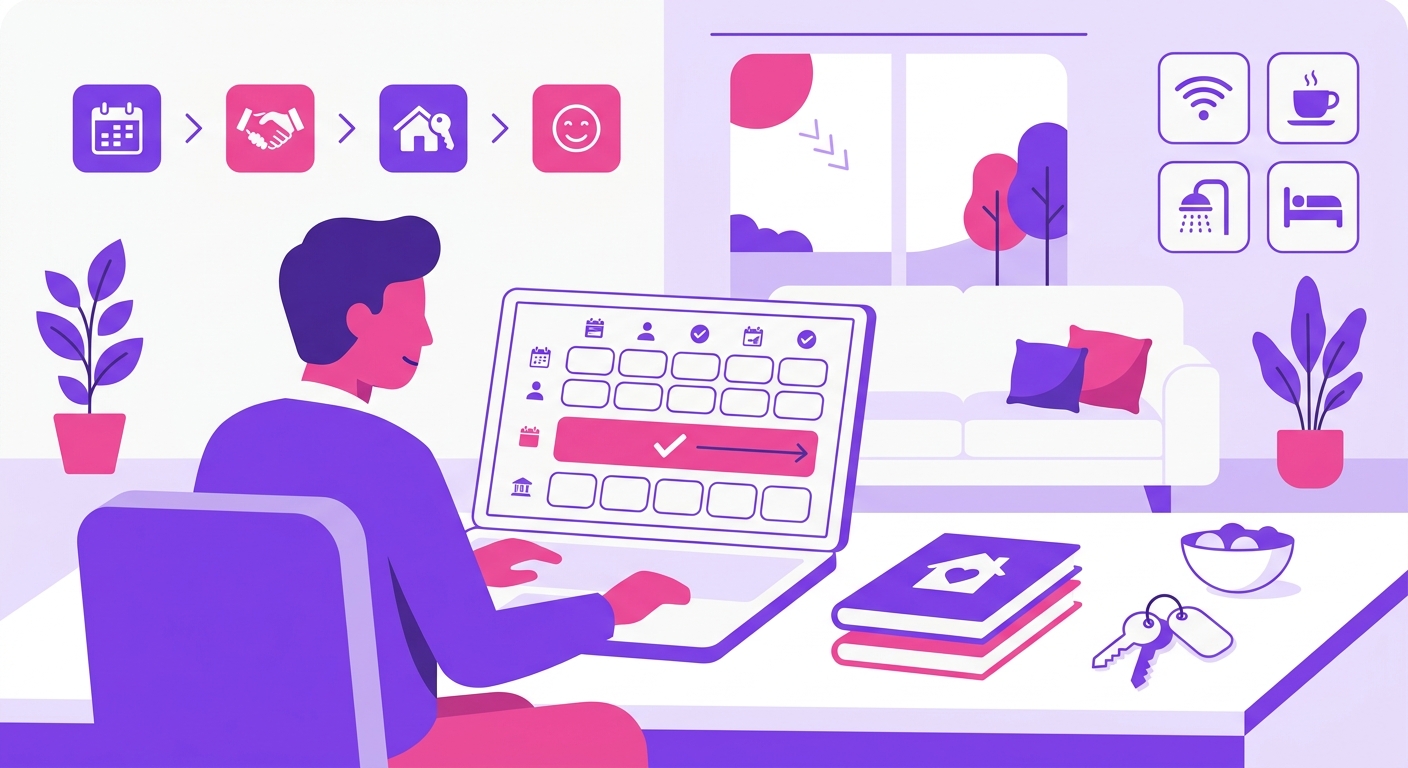 A short-term rental host sits at a laptop in a bright vacation home, reviewing an Airbnb-style booking calendar that shows a 