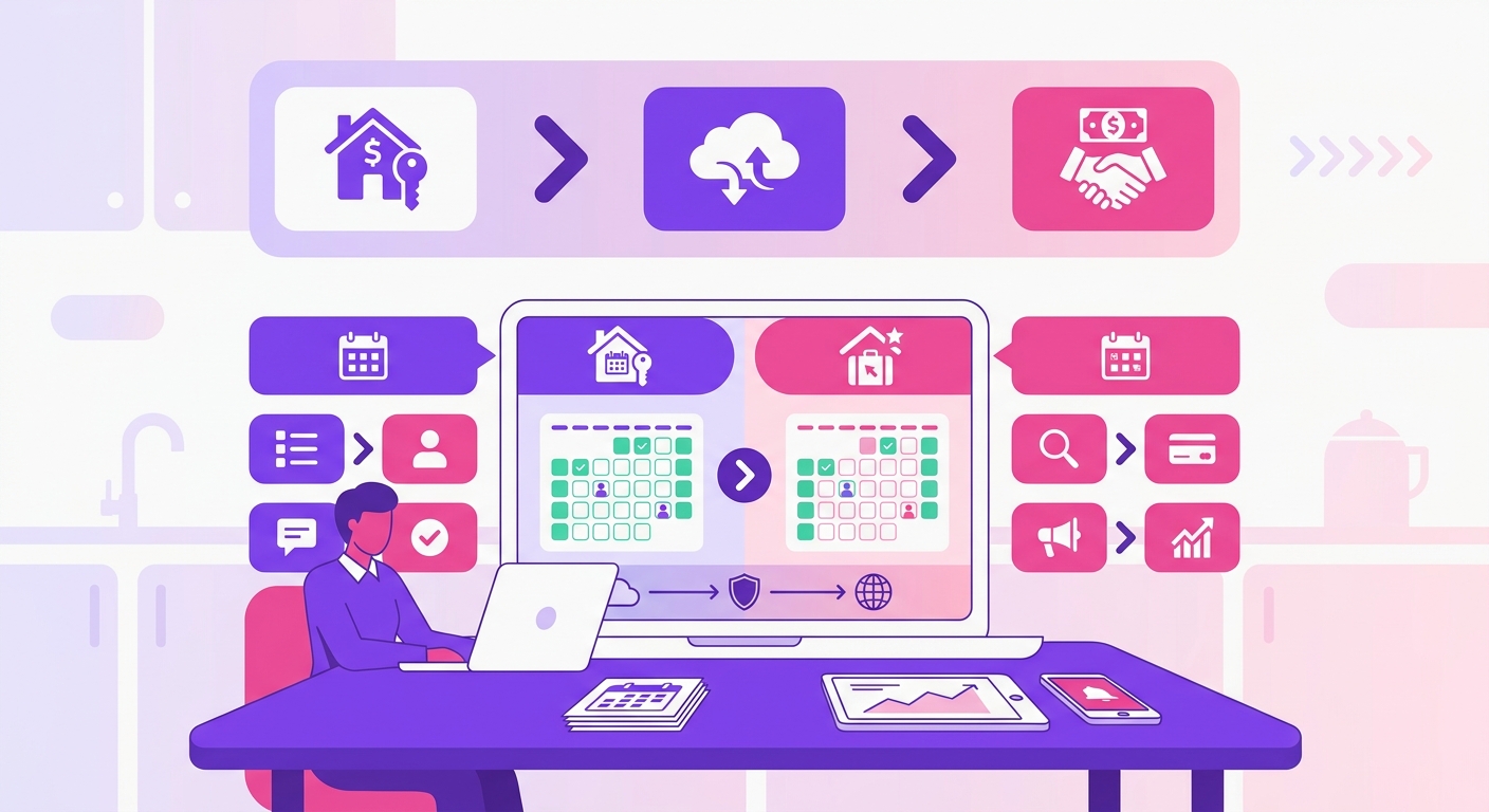 A short-term rental owner works from a kitchen table inside a stylish furnished home, comparing booking platform dashboards w
