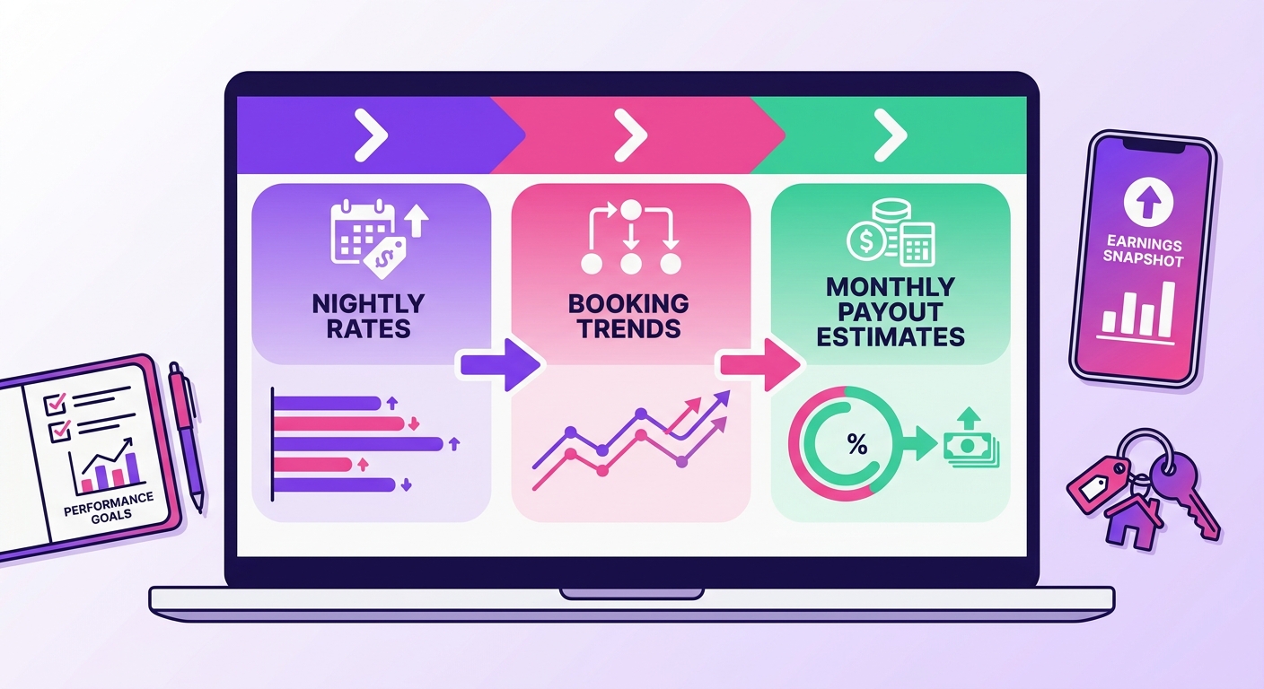 An overhead workspace scene shows an Airbnb host comparing nightly rates, booking trends, and monthly payout estimates on a l