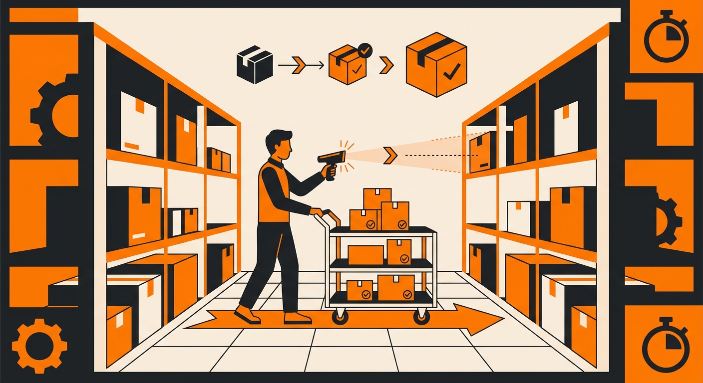 A clean warehouse aisle scene showing a single picker using a handheld scanner and pushing a cart to collect items for one cu