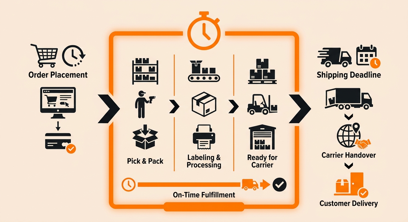 Infographic showing the ship window sequence: order cutoff time triggers WMS pick task queuing, followed by pick-pack-label-stage operations, ending at carrier pickup scan that closes the window and starts transit