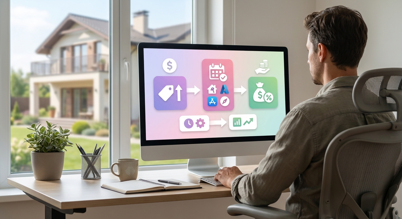 A professional home-office scene features an STR host analyzing a pricing and payouts dashboard for a vacation rental portfol
