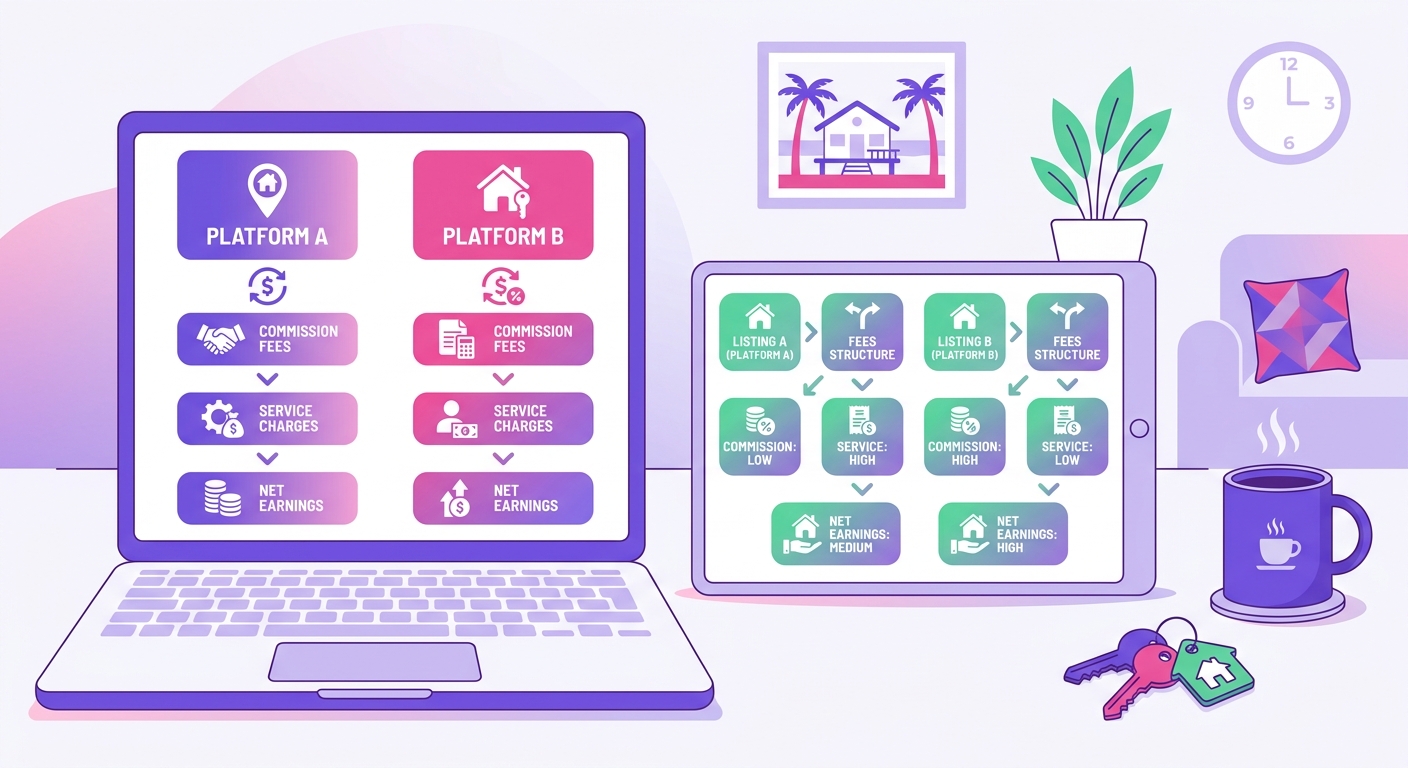A close-up workspace shot shows a property owner comparing fee structures for their Airbnb-style listing and VRBO listing on
