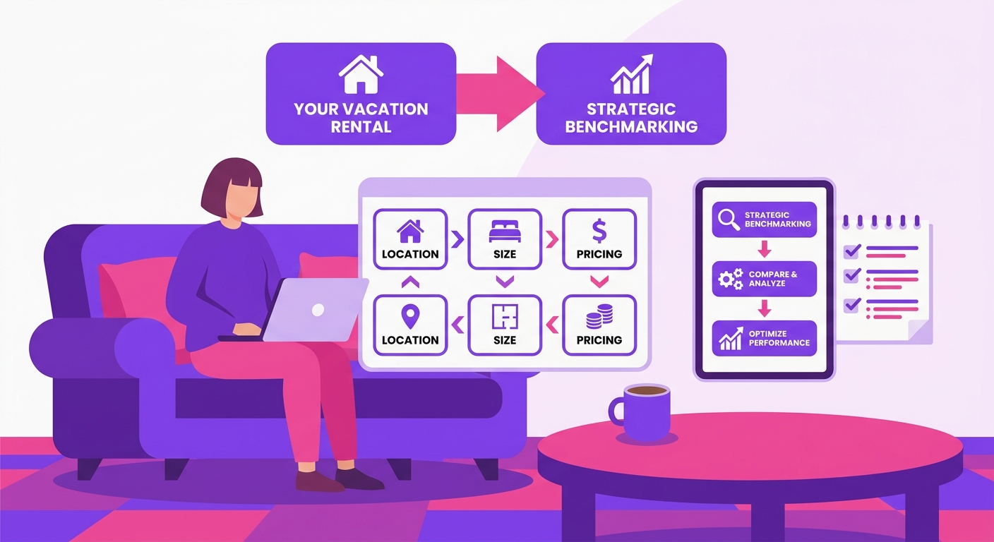 A property owner reviews comparable vacation rental listings on a laptop while seated in a stylish living room of an Airbnb-s