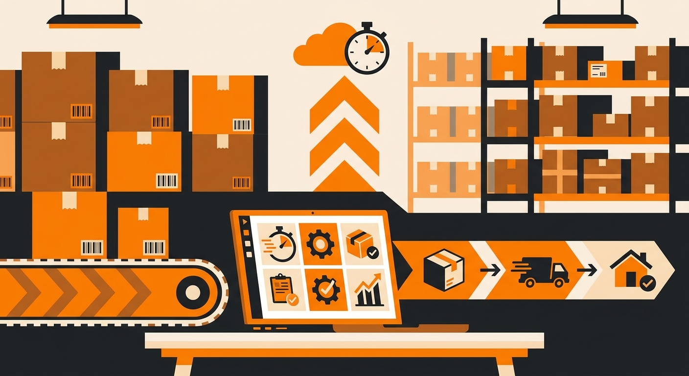 A polished warehouse and shipping scene featuring neatly packed parcels, barcode labels, and a laptop displaying order manage
