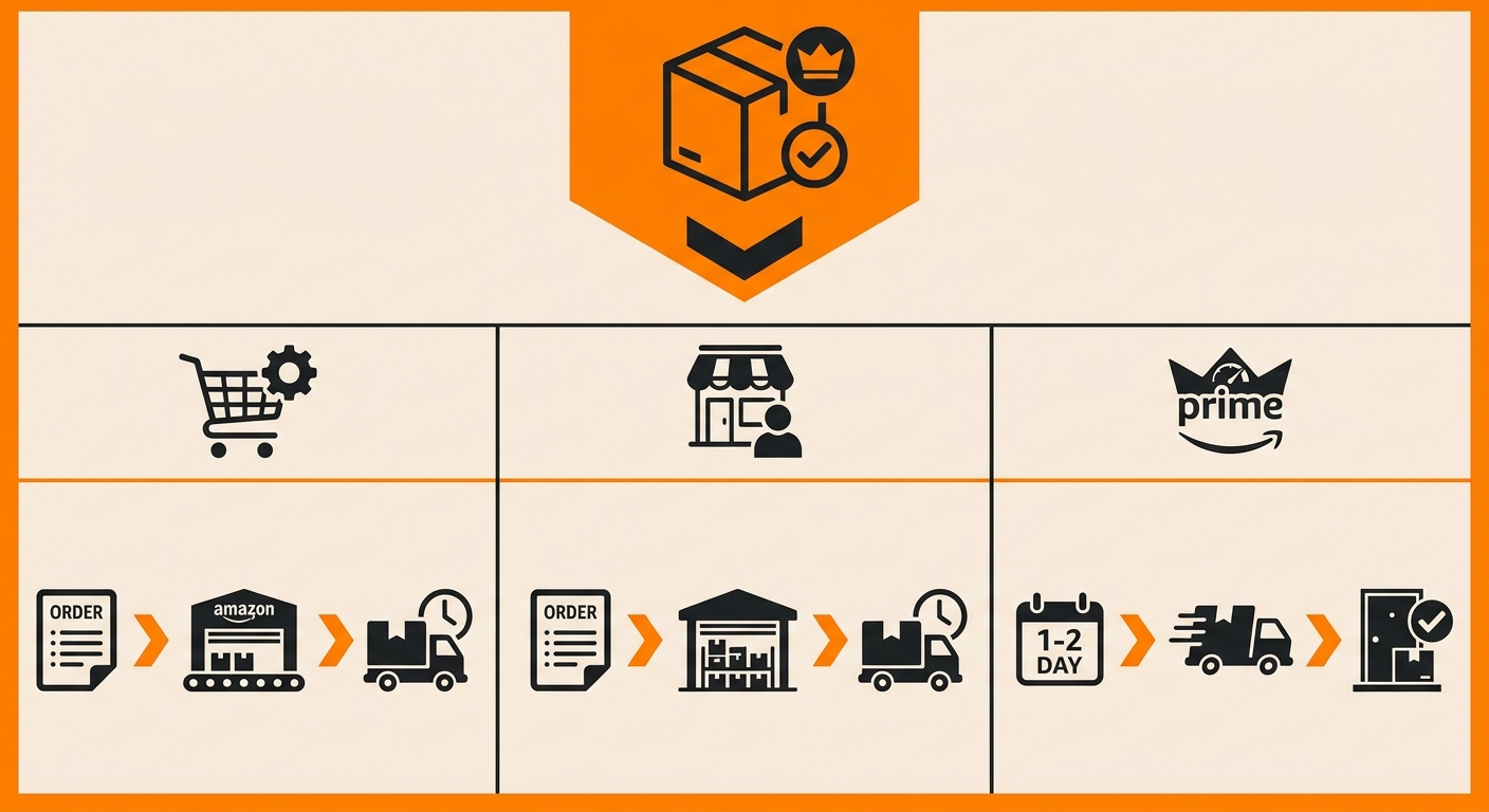 A sleek educational visual with the term “SFP” highlighted next to a simplified flowchart comparing Amazon marketplace order