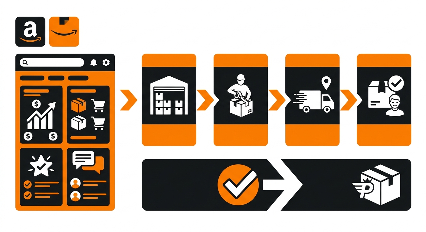 A clean, professional infographic-style image showing an Amazon seller dashboard alongside labeled logistics icons such as in