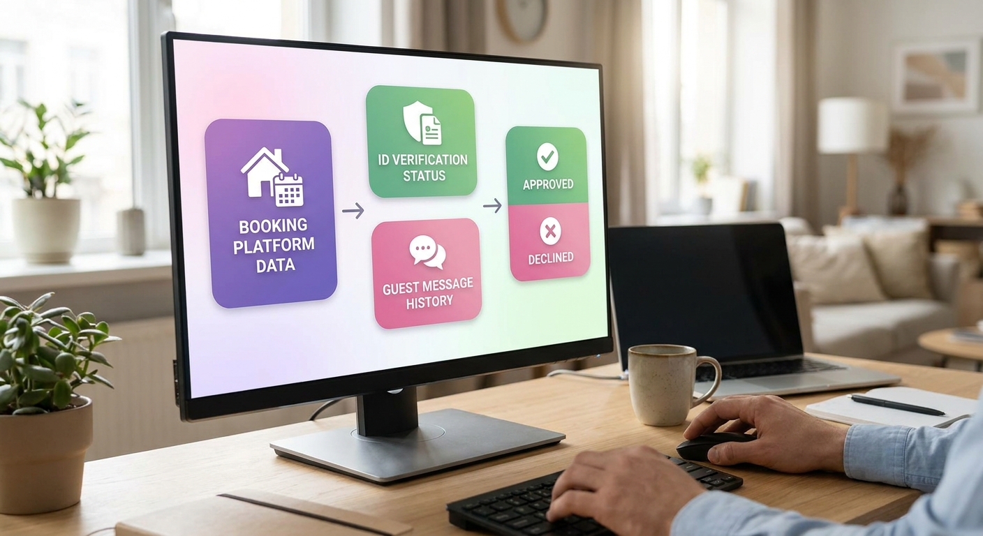 A clean home-office setup shows an STR property owner analyzing a guest screening dashboard with booking platform logos, ID v