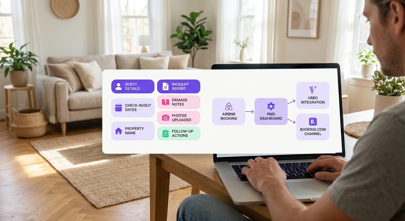 A short-term rental host sits at a laptop in a bright vacation home living area, reviewing a property management incident rep