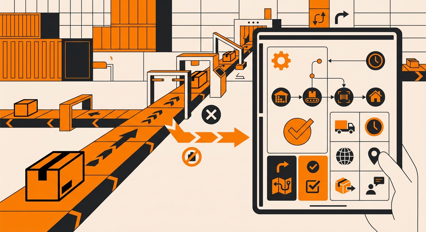 A courier logistics scene showing a package moving through a modern distribution center while a tablet screen displays shipme