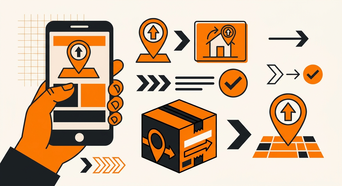 A customer service and shipping concept image featuring a person reviewing delivery details on a smartphone next to a sealed