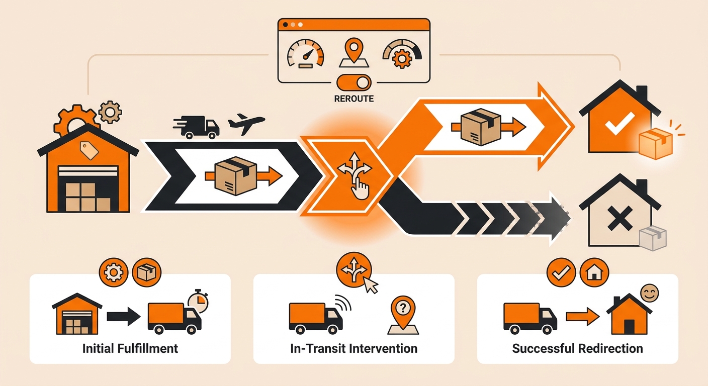 Infographic showing the four stages of a carrier intercept: intercept request submission, carrier eligibility check, sort facility rerouting, and confirmation with updated tracking — illustrated along a package journey timeline from origin warehouse to new delivery address