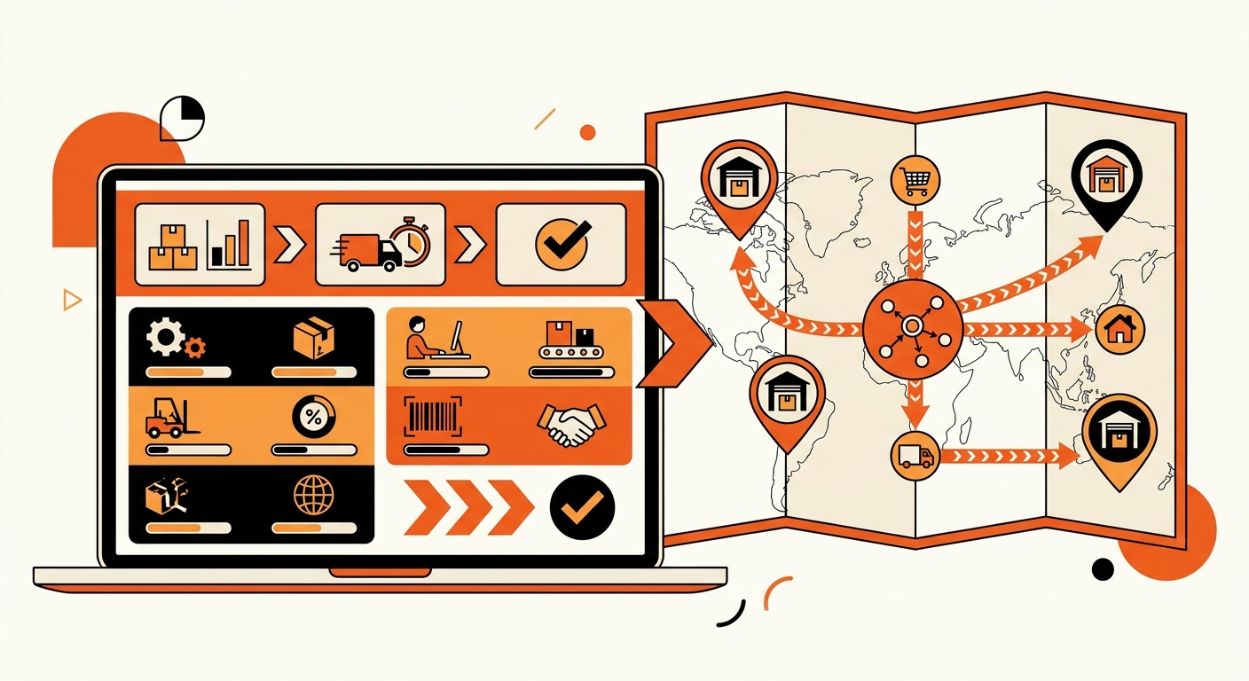 A clean warehouse operations dashboard displayed on a laptop beside a map with multiple fulfillment center pins, illustrating