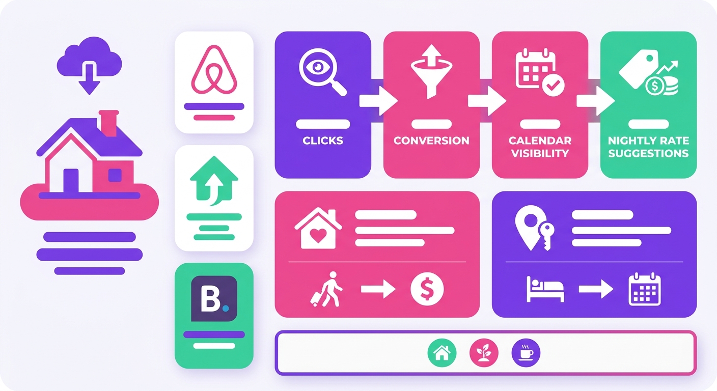 A modern desktop dashboard displays a short-term rental listing performance view with recognizable STR platform-style logos,