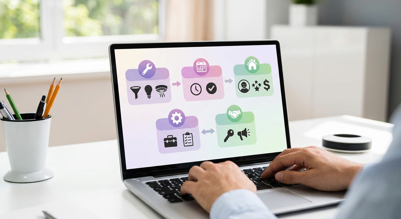 A modern home office scene shows an STR host at a laptop managing preventive property maintenance for their vacation rental,