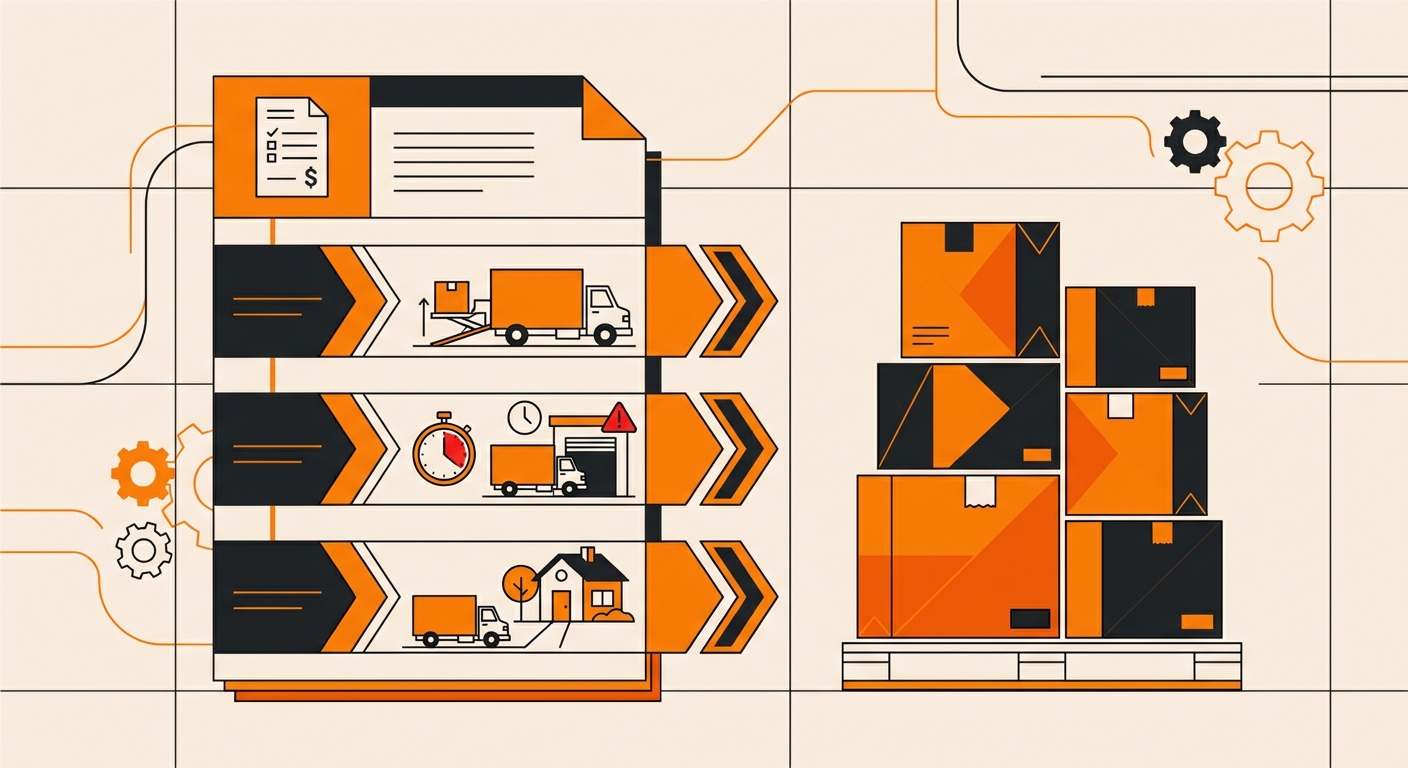 A clean logistics-themed illustration showing a shipping invoice beside stacked delivery boxes, with line-item callouts highl