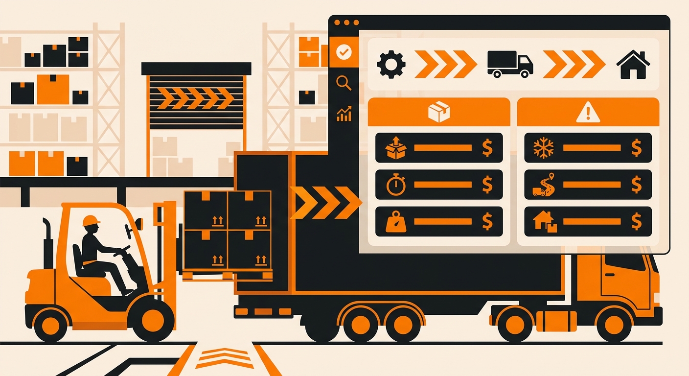 A professional warehouse and transportation scene featuring a pallet being loaded onto a truck while a digital dashboard over