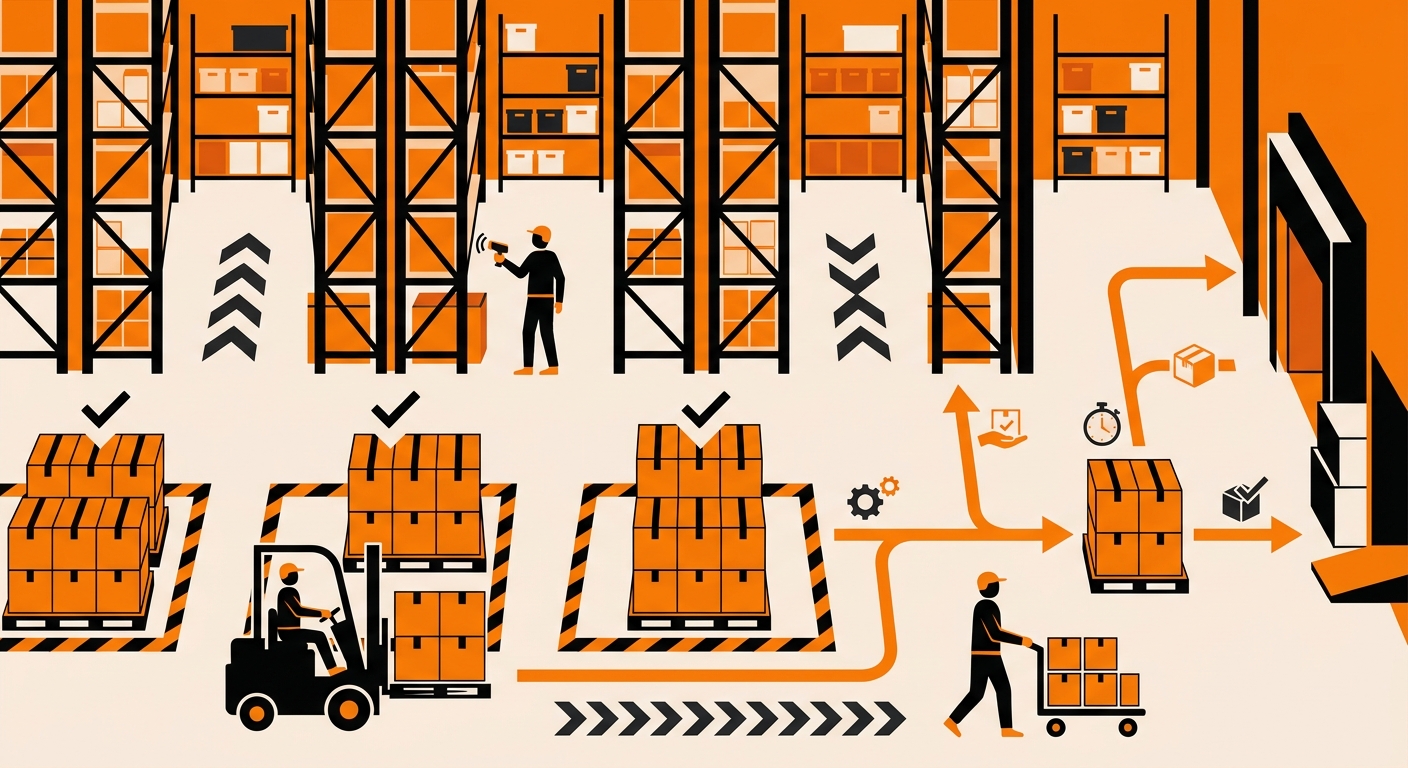 A wide view of a fulfillment center with multiple pallets staged in designated picking zones, labeled shelving in the backgro