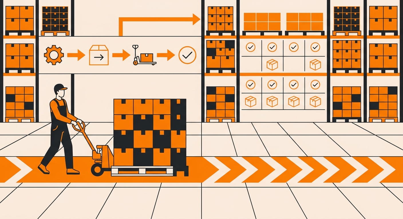 A clean warehouse scene showing a worker using a pallet jack to move a fully stacked pallet of boxed goods down a clearly mar
