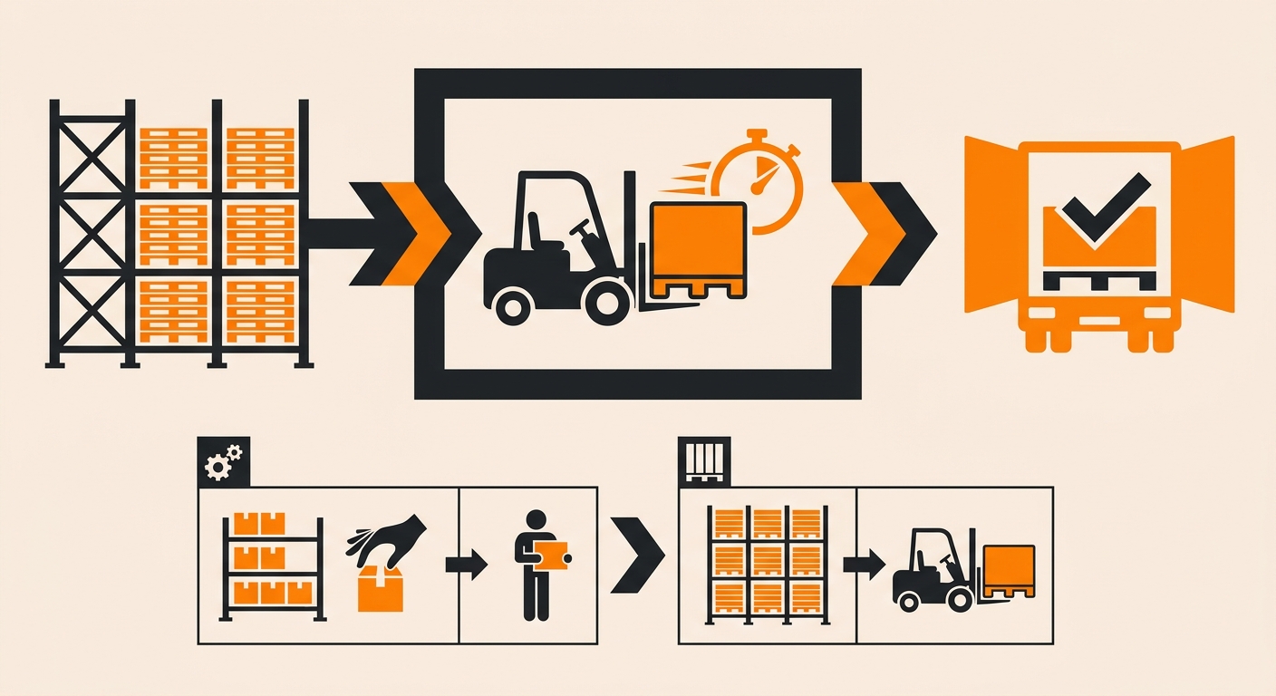 Infographic showing the three levels of warehouse picking hierarchy — unit picking, case picking, and pallet picking — with a forklift moving a full pallet from bulk storage to an outbound staging lane in a 3PL warehouse