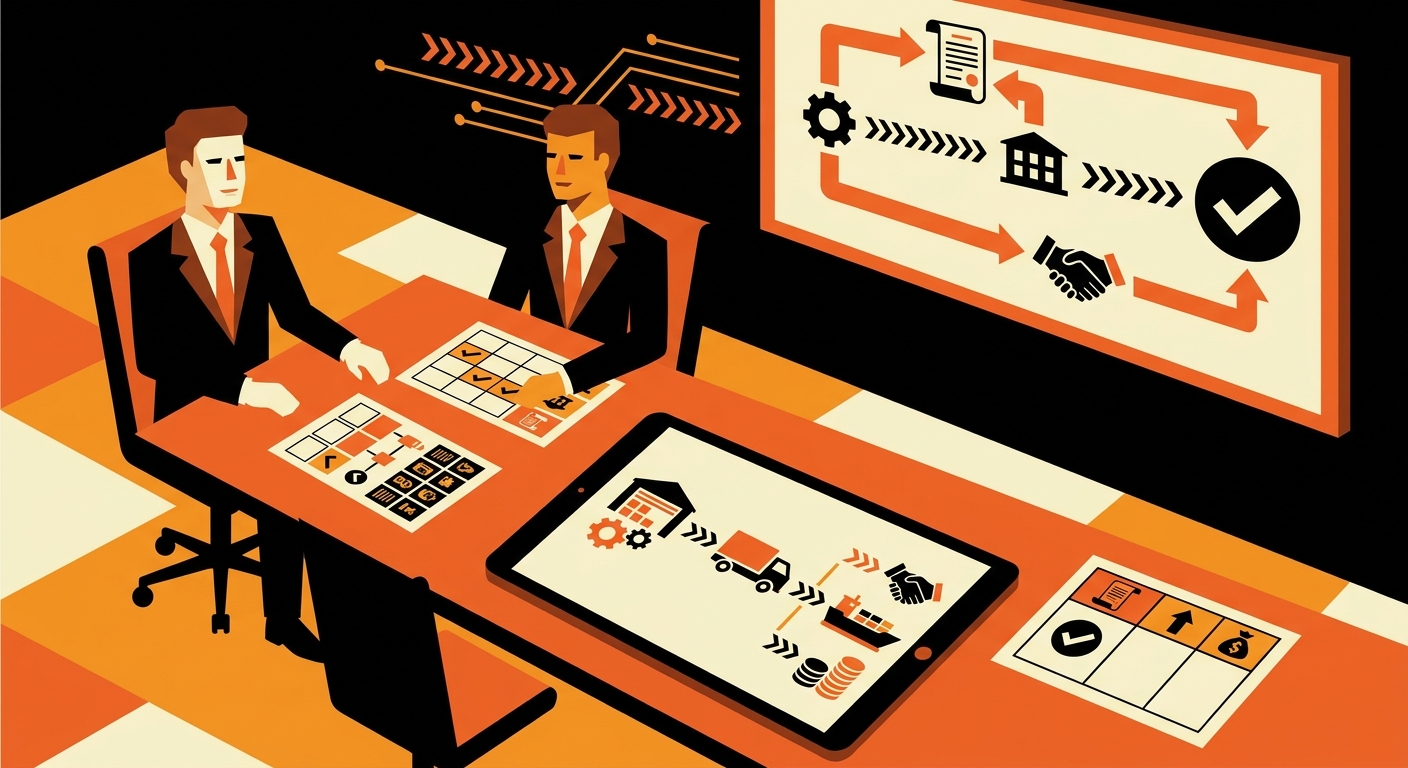 A polished meeting-room scene with supply chain professionals discussing a logistics handoff, with documents, charts, and a t