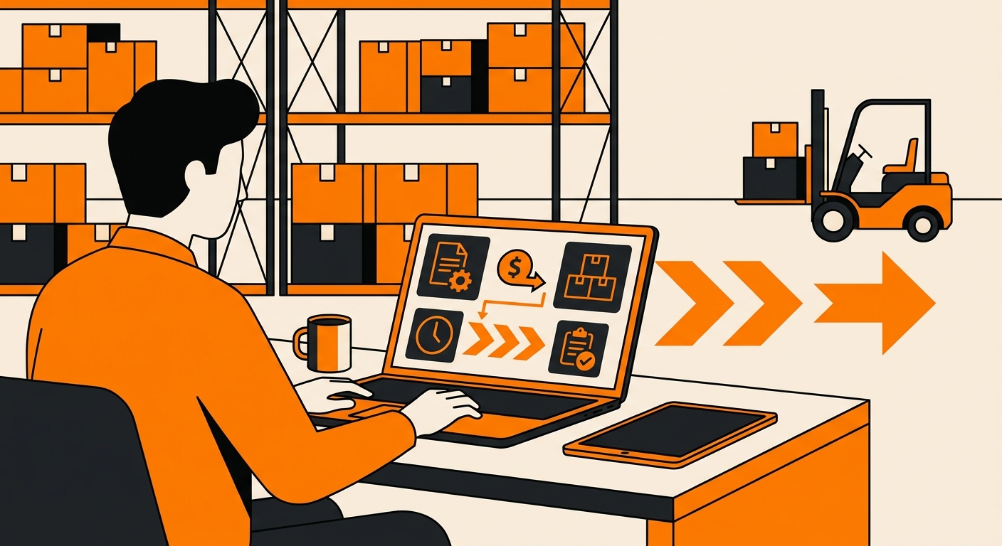 A clean warehouse office scene showing a logistics manager reviewing a fulfillment contract and billing summary on a laptop,
