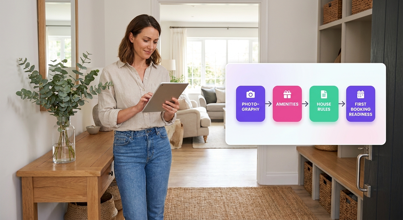A new short-term rental owner stands in a well-styled vacation home entryway, using a tablet to review a launch plan covering