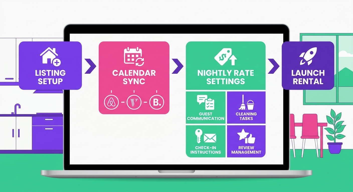 A modern dashboard displayed on a laptop shows an Airbnb-style listing setup workflow with calendar sync, nightly rate settin