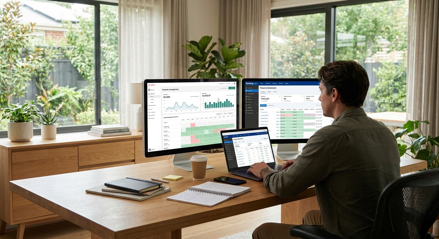 A modern home office setup shows a property owner comparing booking calendars and performance metrics for a vacation rental,