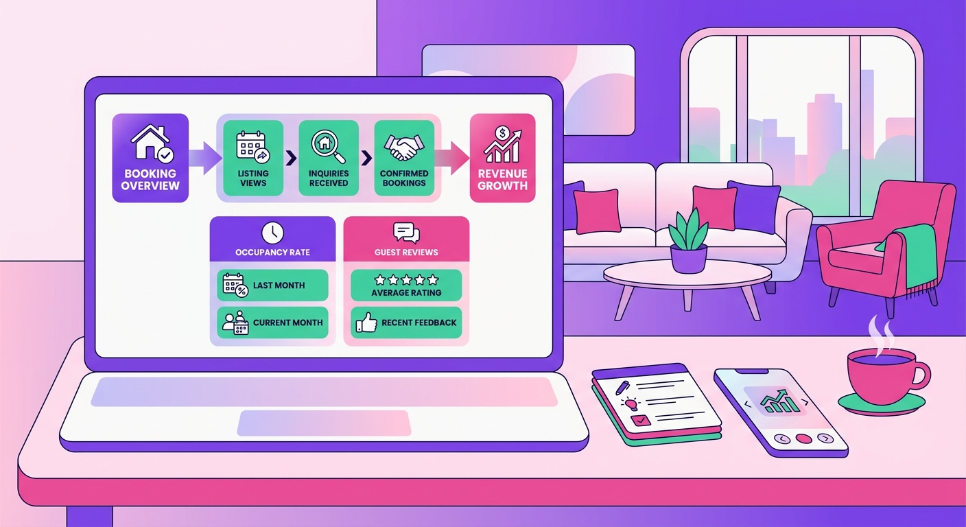 A polished desktop scene features a laptop open to a short-term rental performance dashboard next to notes, a smartphone, and