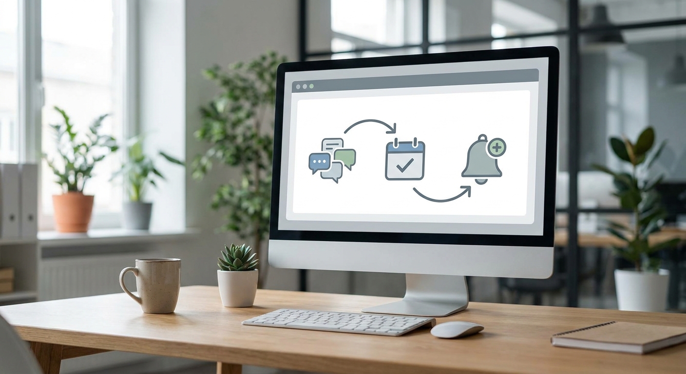 A minimalist digital illustration or realistic office scene featuring chat bubbles, calendar reminders, and booking notificat