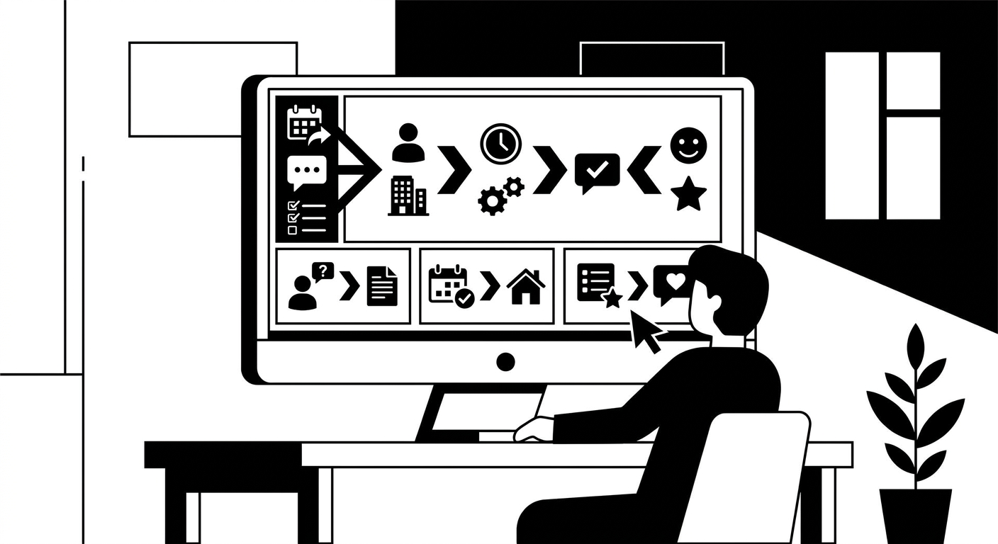 A hotel or vacation rental host reviewing an automated messaging workflow on a desktop screen, with visual elements like sche