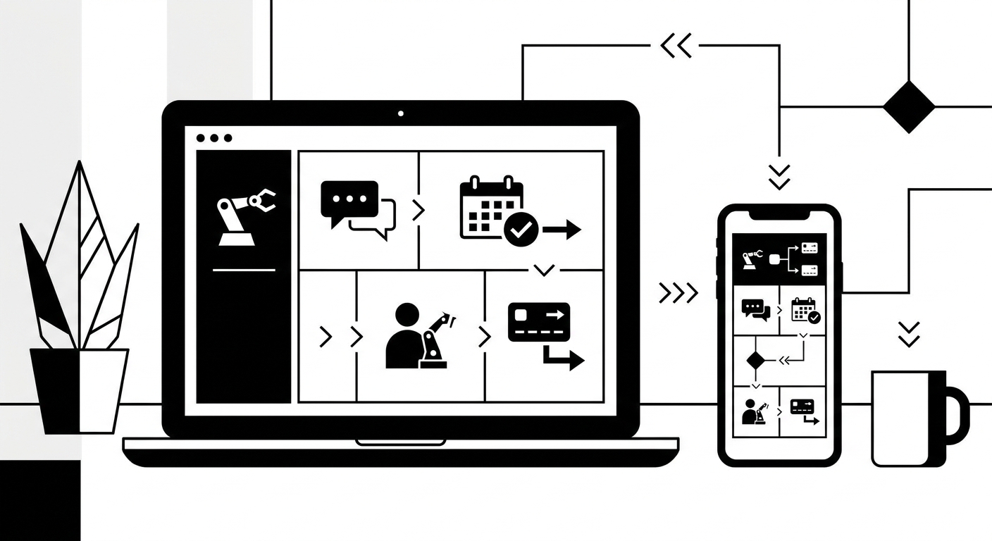 A clean, modern workspace showing a laptop and smartphone with a hospitality messaging dashboard open, displaying automated g