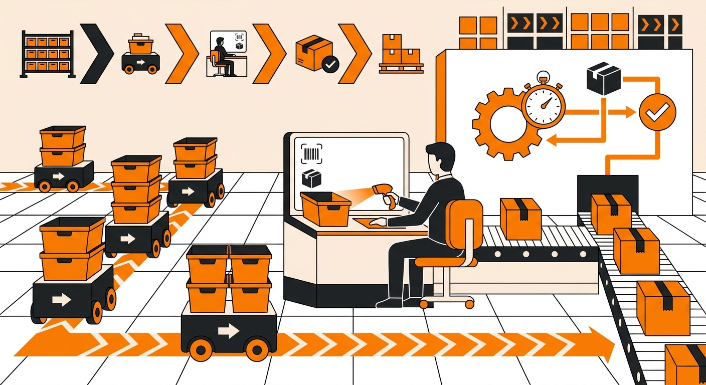 A clean, modern warehouse scene showing an automated goods-to-person picking workstation, where bins are delivered by mobile