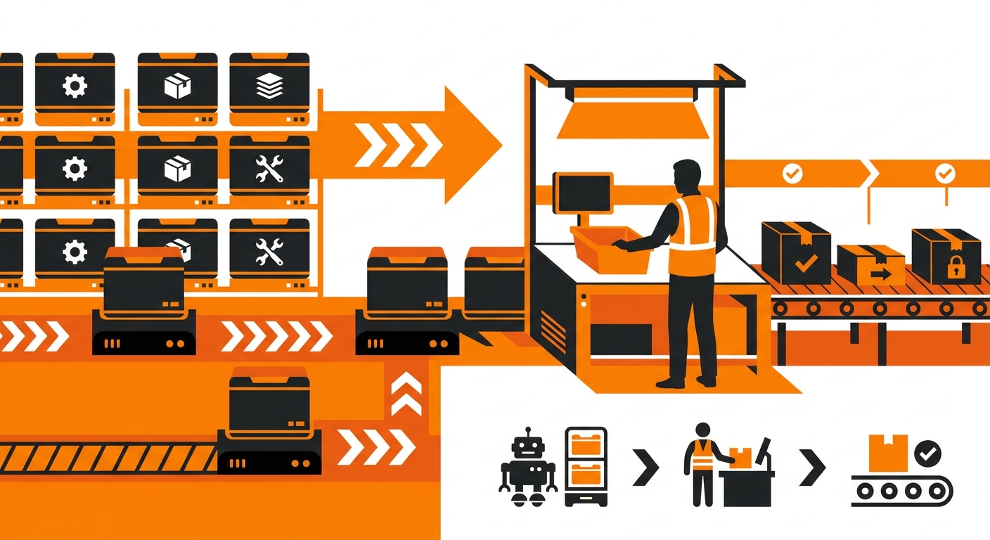 A professional infographic-style warehouse image illustrating the goods-to-person picking process, with shelves or storage PO