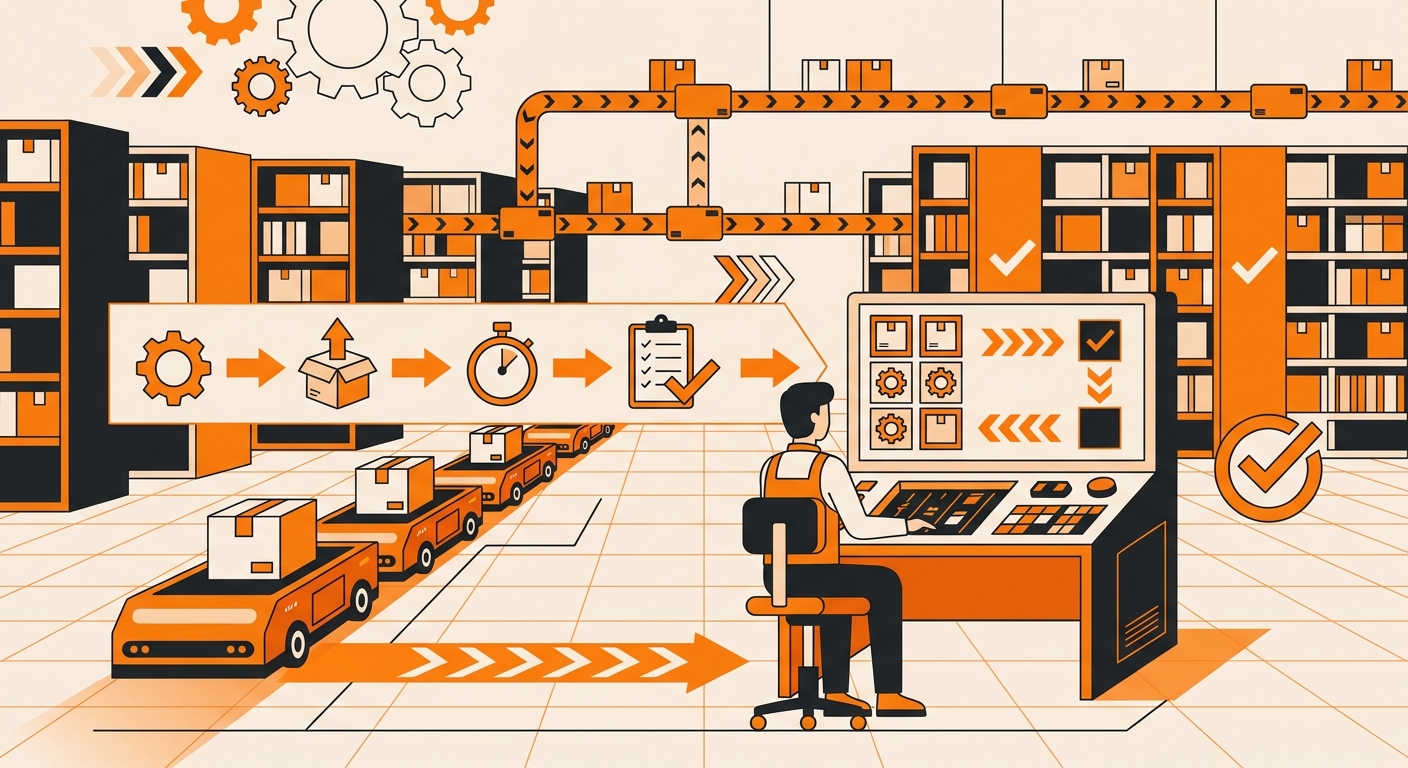 A bright fulfillment center interior featuring a stationary picking operator at an ergonomic workstation while automated syst