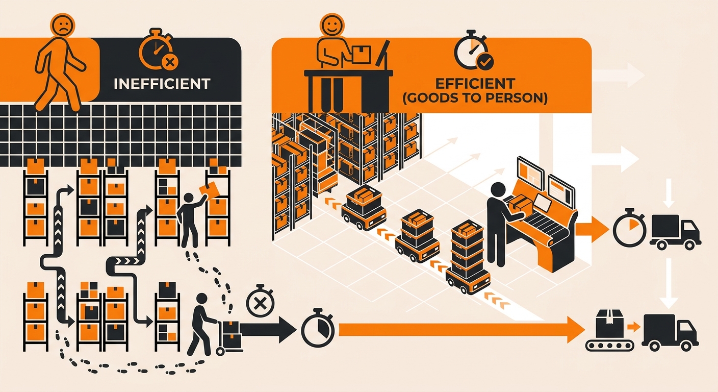 Infographic showing a stationary picker at a fixed workstation receiving totes delivered by autonomous mobile robots and conveyor systems, with arrows illustrating inventory traveling from high-density storage racks to the pick station, contrasted against a traditional walk-and-pick path covering 50-70% of a picker's shift