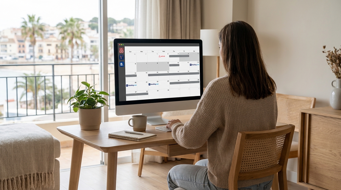 A professional home-office setup inside a stylish vacation rental shows an STR host checking availability on a unified calend