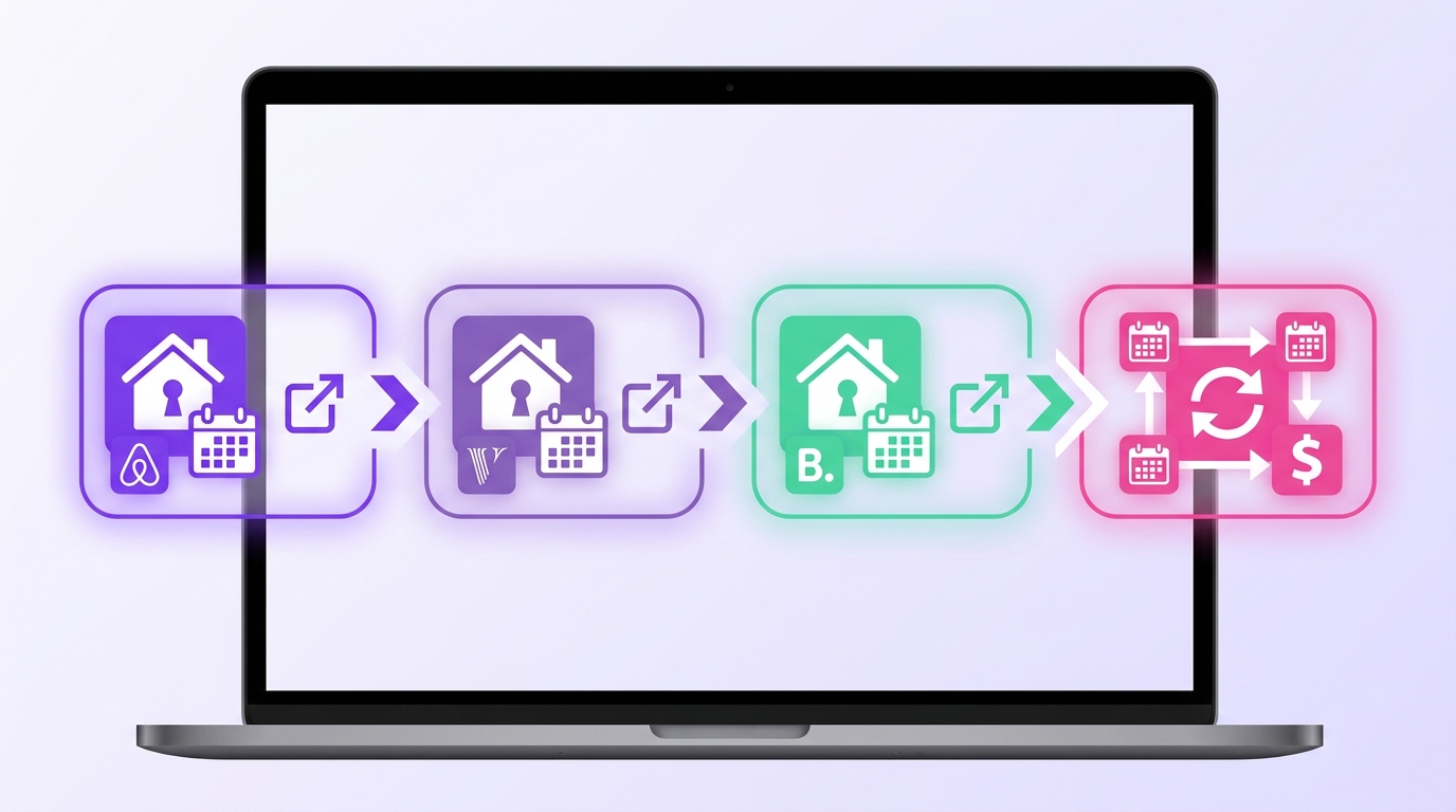 A close-up of a laptop screen displays color-coded booking calendars for an Airbnb listing and a vacation rental, with arrows