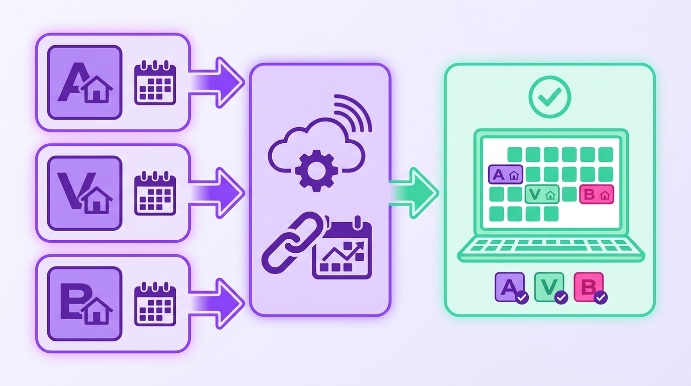 A short-term rental host sits at a laptop in a bright vacation home, reviewing a calendar dashboard that shows Airbnb, VRBO, 