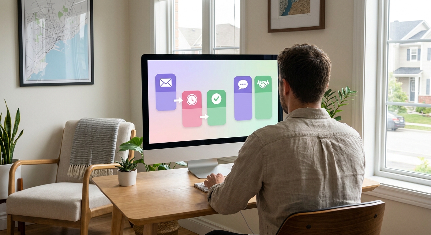 A modern home-office setup inside a furnished Airbnb-style property shows a property owner checking message notifications, re