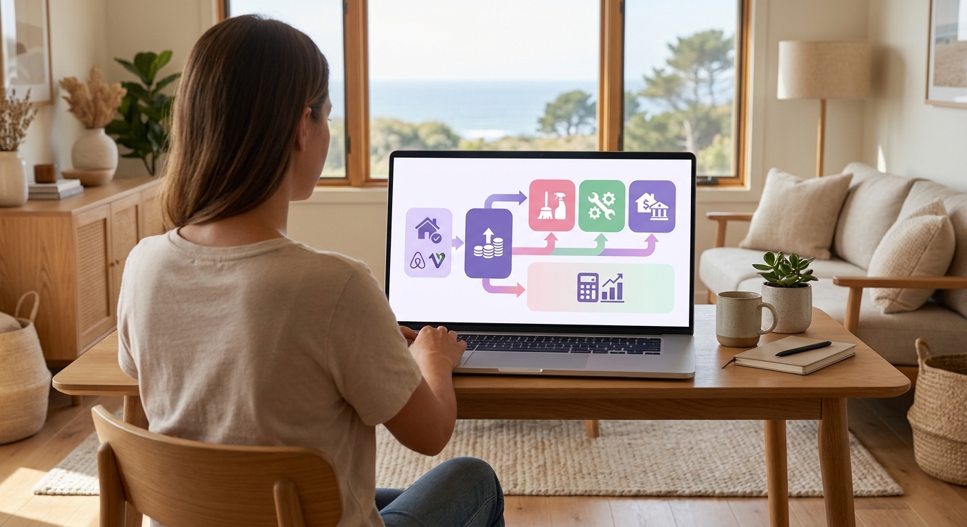 A clean home-office setup inside a vacation rental shows a property owner analyzing cash flow on a laptop, with charts breaki