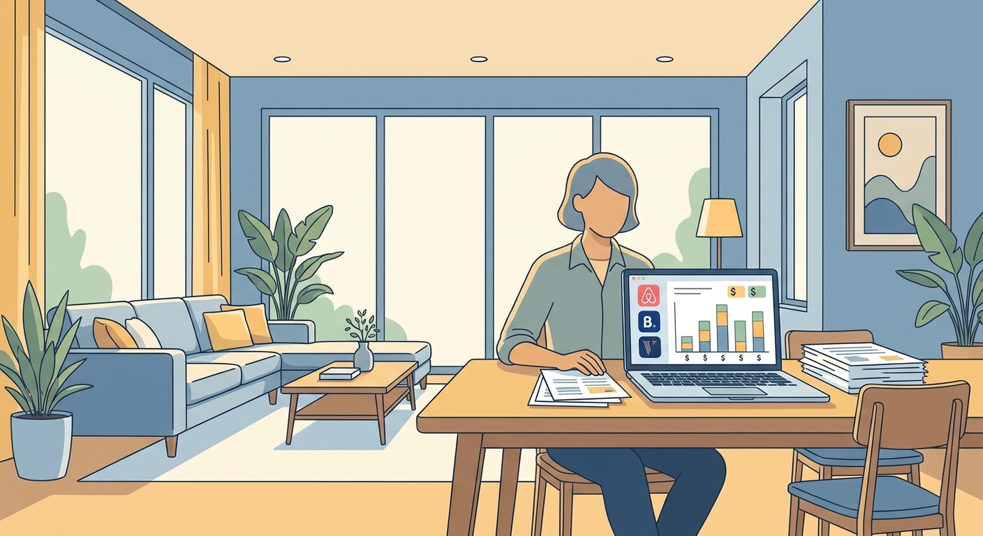 A modern vacation rental living room is shown with a host working from a laptop at the dining table, comparing service packag