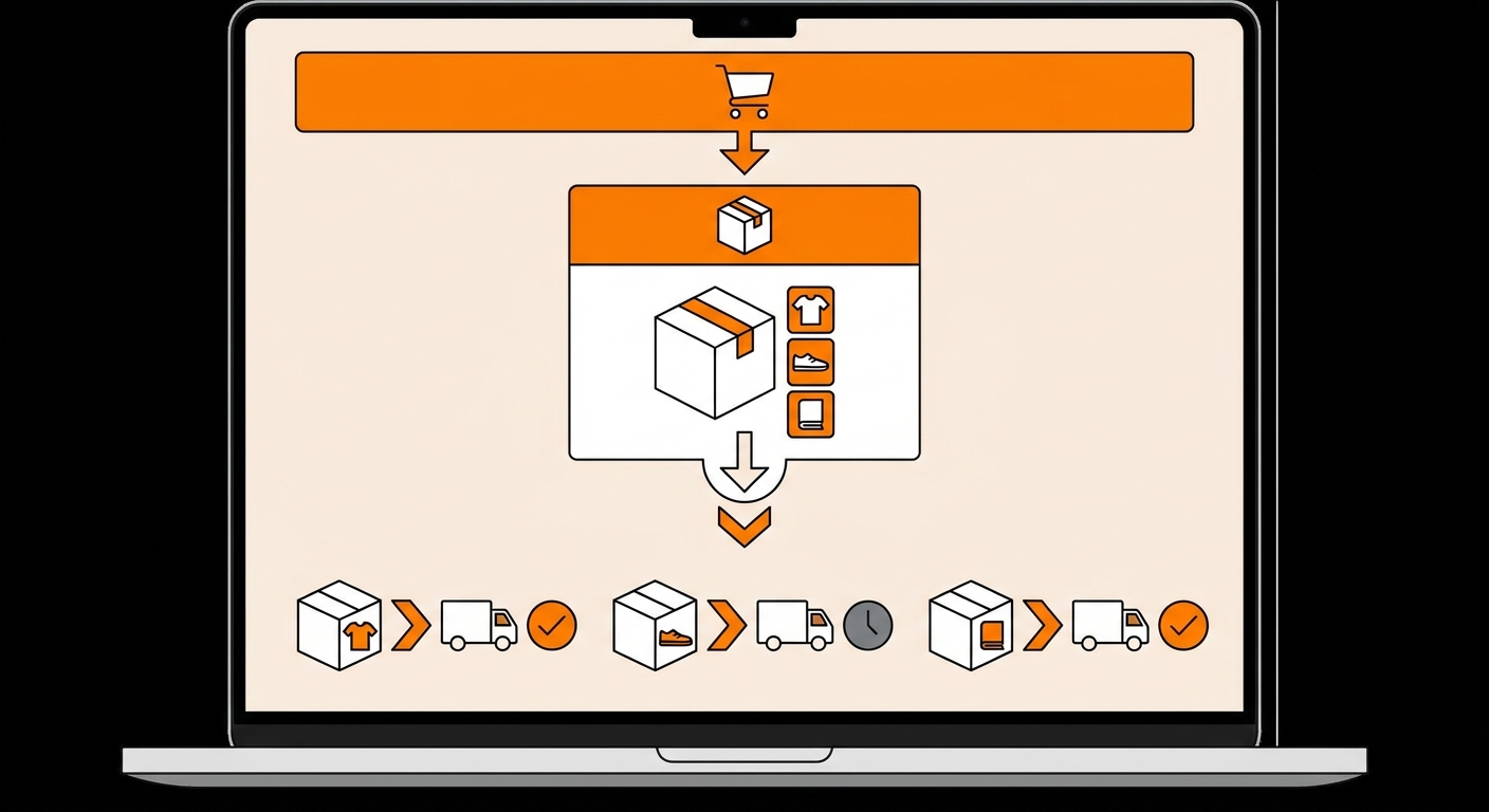 A clean e-commerce dashboard on a laptop screen showing a single customer order being divided into multiple shipments or invo