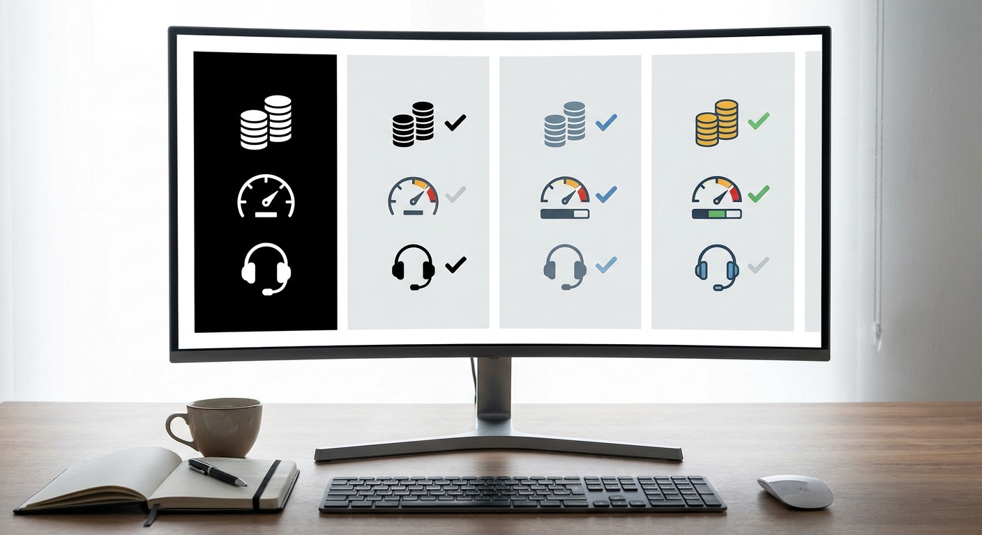 A polished workspace featuring a desktop screen with booking calendars, pricing tools, and multi-property management software